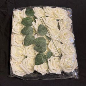Artificial White Ivory Rose Set with Green Leaves and Bendable Stems